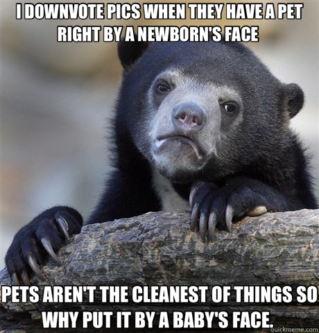 I DOWNVOTE PICS WHEN THEY HAVE A PET RIGHT BY A NEWBORN'S FACE  PETS AREN'T THE CLEANEST OF THINGS SO WHY PUT IT BY A BABY'S FACE.   Confession Bear