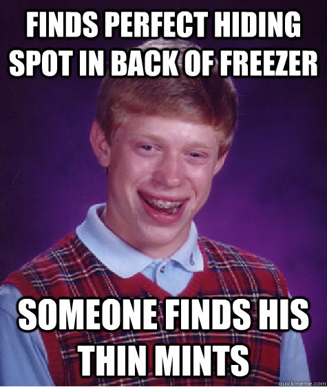Finds perfect hiding spot in back of freezer Someone finds his thin mints - Finds perfect hiding spot in back of freezer Someone finds his thin mints  Bad Luck Brian