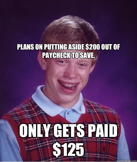 




Plans on putting aside $200 out of paycheck to save, Only gets paid $125  Bad Luck Brian
