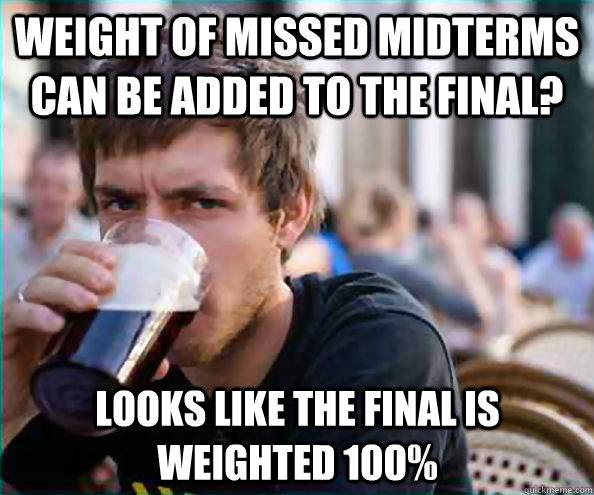 weight of missed midterms can be added to the final? Looks like the final is weighted 100%  Lazy College Senior