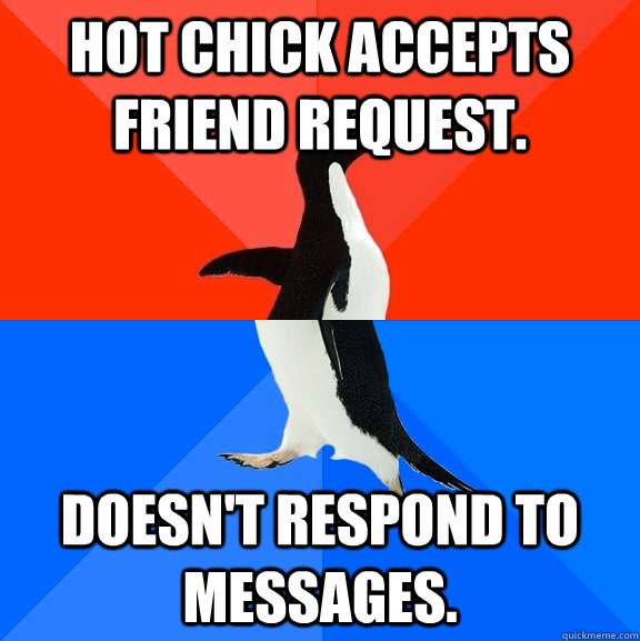 Hot chick accepts friend request. Doesn't respond to messages.   Socially Awesome Awkward Penguin