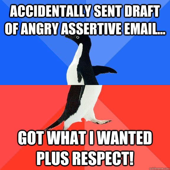 Accidentally sent draft of angry assertive email... got what i wanted plus respect!  Socially Awkward Awesome Penguin