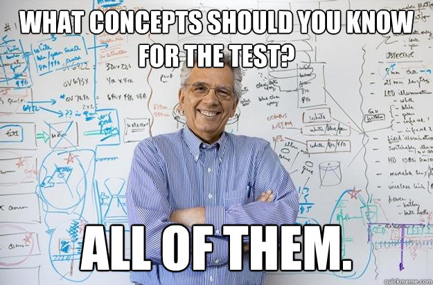 what concepts should you know for the test? all of them. - what concepts should you know for the test? all of them.  Engineering Professor
