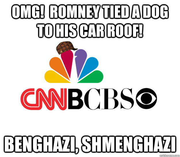OMG!  Romney tied a dog to his car roof! Benghazi, Shmenghazi - OMG!  Romney tied a dog to his car roof! Benghazi, Shmenghazi  Scumbag Media