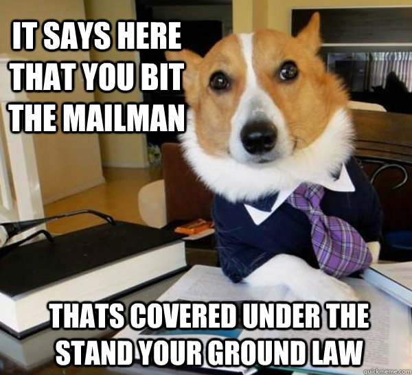 it says here that you bit the mailman thats covered under the stand your ground law - it says here that you bit the mailman thats covered under the stand your ground law  Lawyer Dog