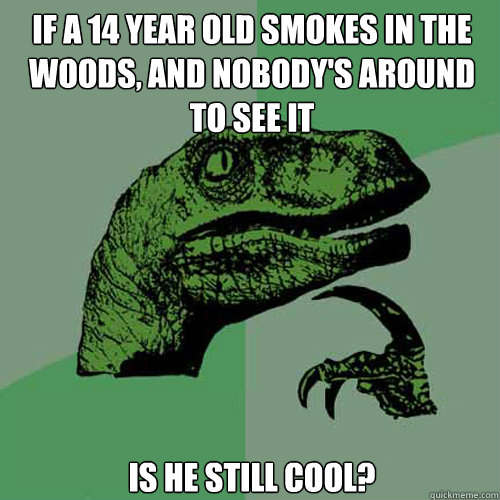 if a 14 year old smokes in the woods, and nobody's around to see it is he still cool? - if a 14 year old smokes in the woods, and nobody's around to see it is he still cool?  Philosoraptor