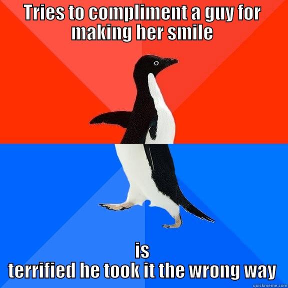 TRIES TO COMPLIMENT A GUY FOR MAKING HER SMILE IS TERRIFIED HE TOOK IT THE WRONG WAY Socially Awesome Awkward Penguin