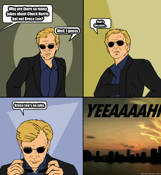 Why are there so many jokes about Chuck Norris but not Bruce Lee? Well, I guess  that's because... Bruce Lee's no joke.  CSI Miami