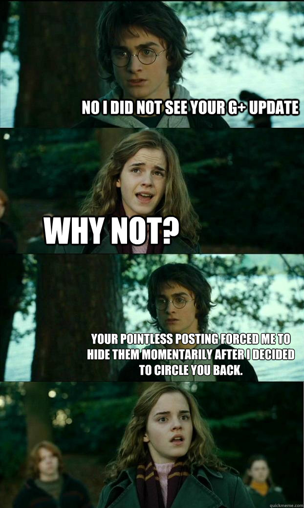 No I did not see your G+ update Why not? Your pointless posting forced me to hide them momentarily after I decided to circle you back.  Horny Harry