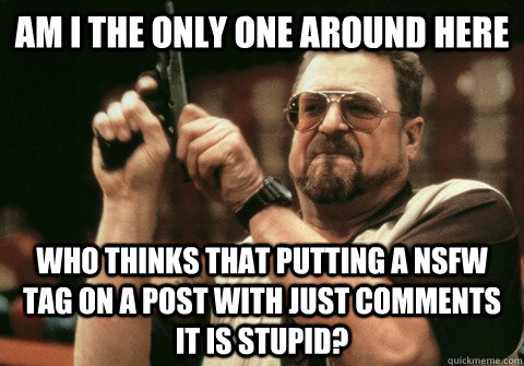 Am I the only one around here who thinks that putting a nsfw tag on a post with just comments it is stupid?  Am I the only one