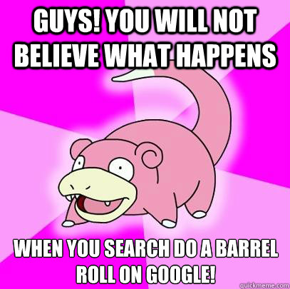 Guys! you will not believe what happens When you search do a barrel roll on google!  Slowpoke
