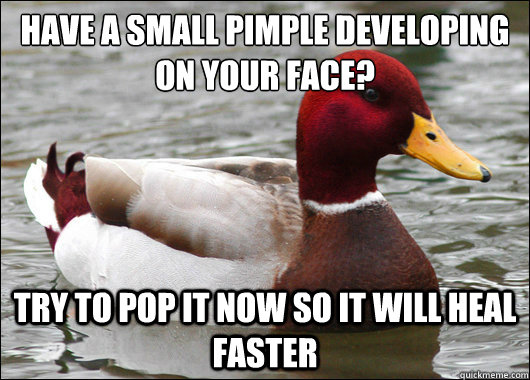 Have a small pimple developing on your face?
 Try to pop it now so it will heal faster  Malicious Advice Mallard