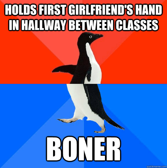 Holds first girlfriend's hand in hallway between classes Boner  Socially Awesome Awkward Penguin