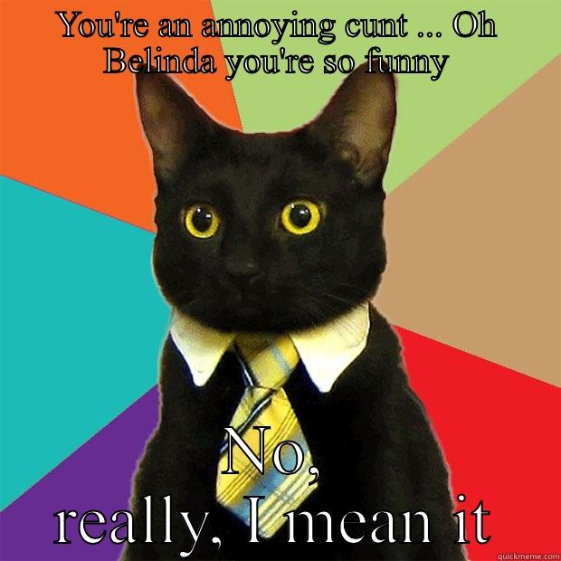 YOU'RE AN ANNOYING CUNT ... OH BELINDA YOU'RE SO FUNNY NO, REALLY, I MEAN IT Business Cat