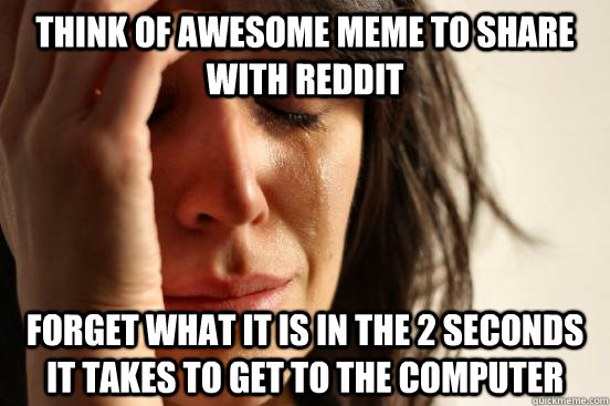 think of awesome meme to share with reddit forget what it is in the 2 seconds it takes to get to the computer  First World Problems