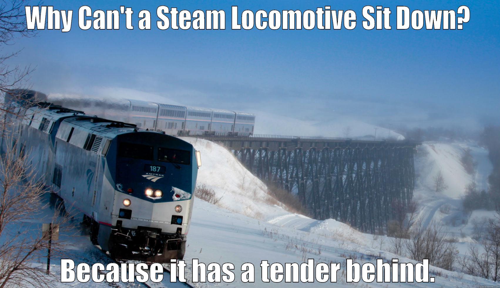 WHY CAN'T A STEAM LOCOMOTIVE SIT DOWN? BECAUSE IT HAS A TENDER BEHIND. Misc