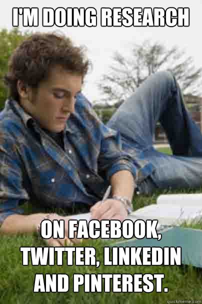 I'm doing research On Facebook, Twitter, LinkedIn and Pinterest.  Junior Copywriter