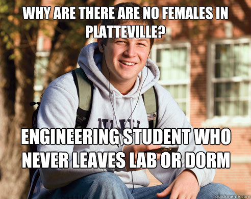 Why are There are no females in Platteville? Engineering student who never leaves lab or dorm room.   College Freshman