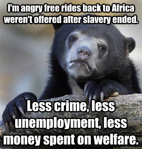 I'm angry free rides back to Africa weren't offered after slavery ended. Less crime, less unemployment, less money spent on welfare.  Confession Bear