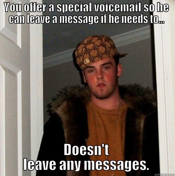 YOU OFFER A SPECIAL VOICEMAIL SO HE CAN LEAVE A MESSAGE IF HE NEEDS TO... DOESN'T LEAVE ANY MESSAGES. Scumbag Steve
