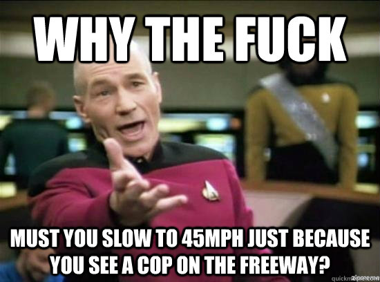 Why the fuck Must you slow to 45mph just because you see a cop on the freeway?  Annoyed Picard HD