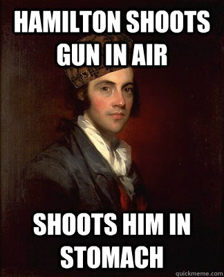 Hamilton shoots gun in air Shoots him in stomach  