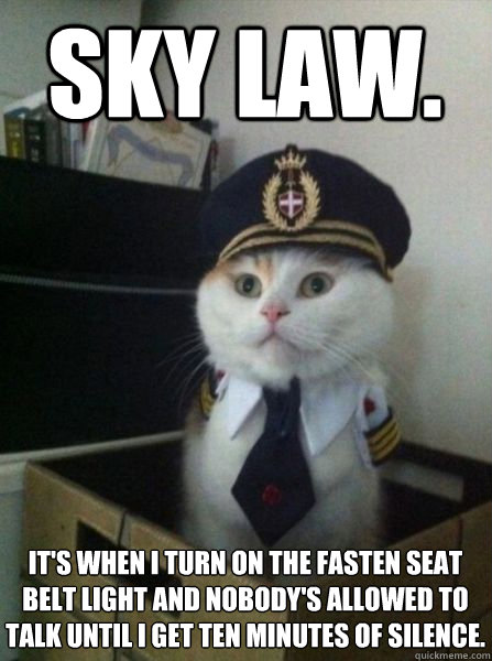 Sky law. It's when I turn on the fasten seat belt light and nobody's allowed to talk until I get ten minutes of silence.  Captain kitteh