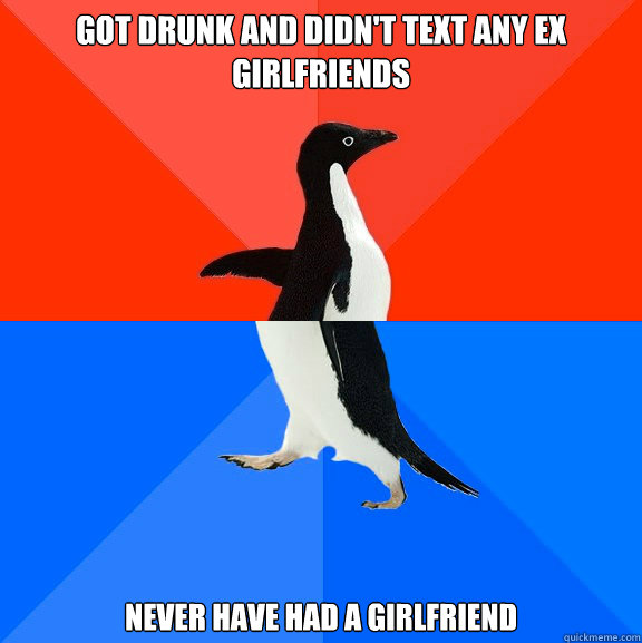 Got drunk and didn't text any Ex Girlfriends Never have had a girlfriend  Socially Awesome Awkward Penguin