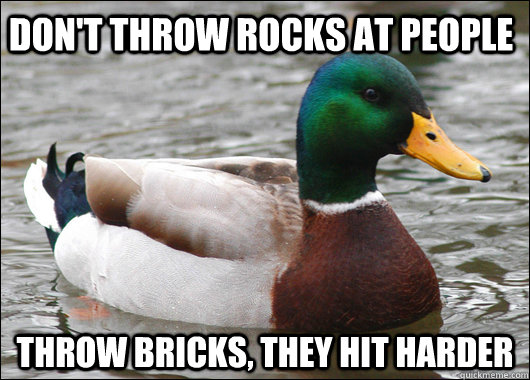 Don't throw rocks at people Throw Bricks, they hit harder  Actual Advice Mallard