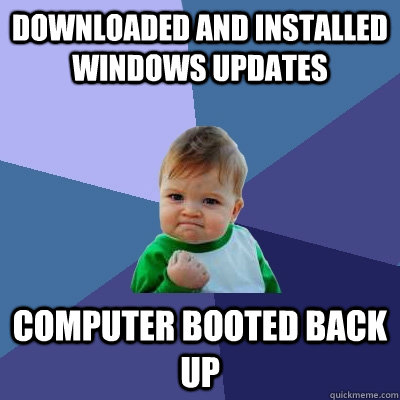Downloaded and installed Windows updates computer booted back up  Success Kid
