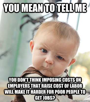 you mean to tell me you don't think imposing costs on employers that raise cost of labor will make it harder for poor people to get jobs? - you mean to tell me you don't think imposing costs on employers that raise cost of labor will make it harder for poor people to get jobs?  skeptical baby