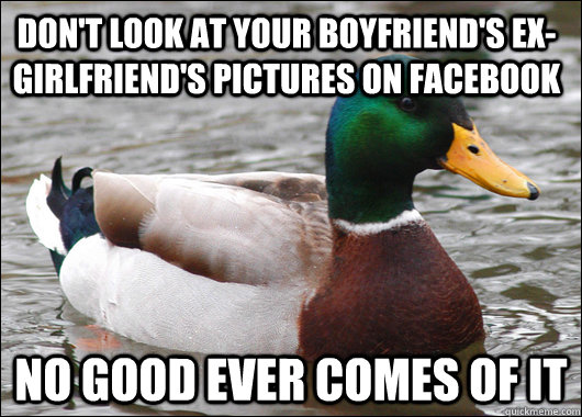 don't look at your boyfriend's ex-girlfriend's pictures on facebook no good ever comes of it - don't look at your boyfriend's ex-girlfriend's pictures on facebook no good ever comes of it  Actual Advice Mallard