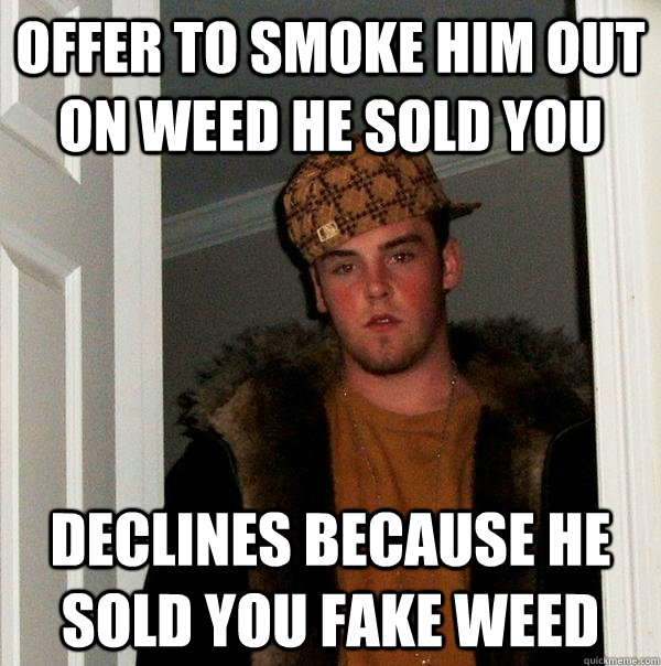 Offer to smoke him out on weed he sold you Declines because he sold you fake weed  Scumbag Steve
