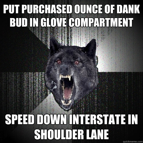 Put purchased ounce of dank  bud in glove compartment speed down interstate in shoulder lane  Insanity Wolf