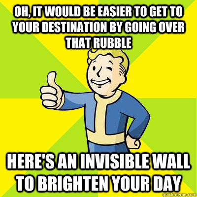 oh, it would be easier to get to your destination by going over that rubble here's an invisible wall to brighten your day - oh, it would be easier to get to your destination by going over that rubble here's an invisible wall to brighten your day  Fallout new vegas