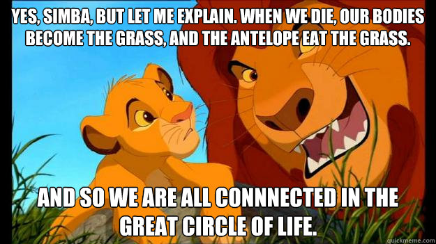Yes, Simba, but let me explain. When we die, our bodies become the grass, and the antelope eat the grass.  And so we are all connnected in the great Circle of Life. - Yes, Simba, but let me explain. When we die, our bodies become the grass, and the antelope eat the grass.  And so we are all connnected in the great Circle of Life.  Mufasa aint afraid of death