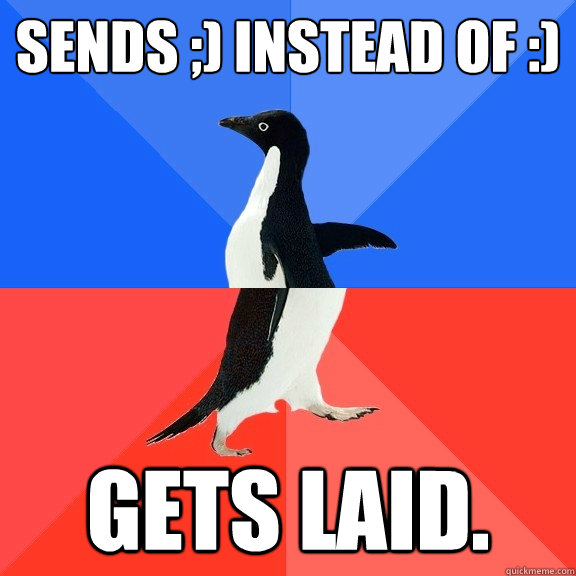 sends ;) instead of :) Gets laid.  Socially Awkward Awesome Penguin