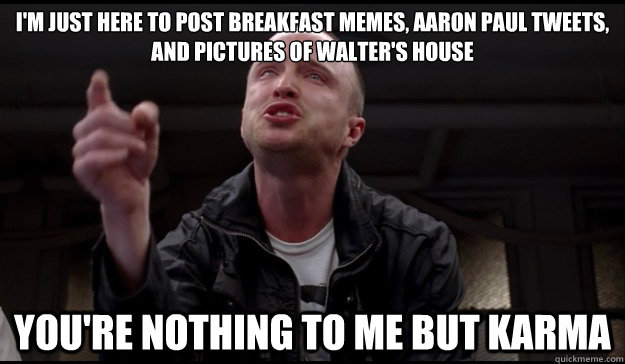 I'm just here to post breakfast memes, aaron paul tweets, and pictures of walter's house You're nothing to me but Karma - I'm just here to post breakfast memes, aaron paul tweets, and pictures of walter's house You're nothing to me but Karma  Misc