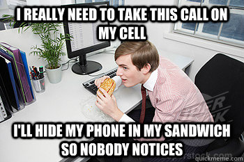 i really need to take this call on my cell i'll hide my phone in my sandwich so nobody notices - i really need to take this call on my cell i'll hide my phone in my sandwich so nobody notices  Work Intern
