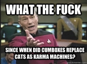 What the fuck Since when did cumboxes replace cats as karma machines?  Annoyed Picard