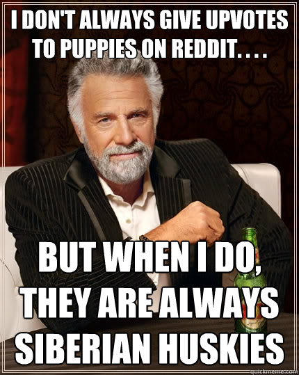 I don't always give upvotes to puppies on reddit. . . . but when I do, they are always Siberian huskies  The Most Interesting Man In The World