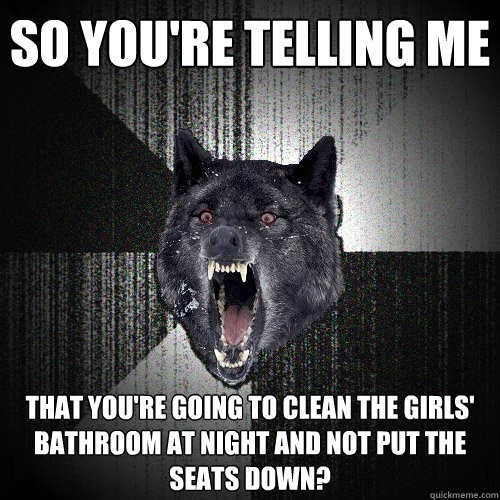 So you're telling me that you're going to clean the girls' bathroom at night and NOT put the seats down?  Insanity Wolf