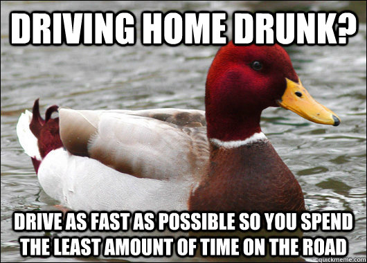 Driving home drunk? Drive as fast as possible so you spend the least amount of time on the road  Malicious Advice Mallard