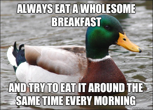 Always eat a wholesome breakfast And try to eat it around the same time every morning  Actual Advice Mallard