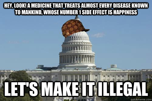 Hey, look! A medicine that treats almost every disease known to mankind, whose number 1 side effect is happiness let's make it illegal - Hey, look! A medicine that treats almost every disease known to mankind, whose number 1 side effect is happiness let's make it illegal  Scumbag Government