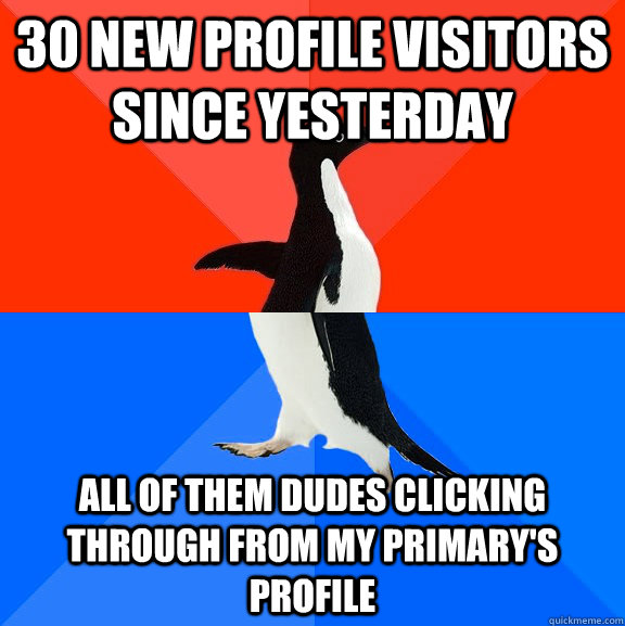 30 new profile visitors since yesterday all of them dudes clicking through from my primary's profile  Socially Awesome Awkward Penguin