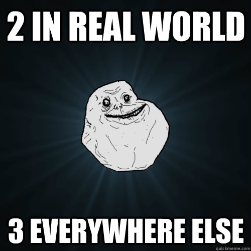 2 in real world 3 everywhere else  Forever Alone