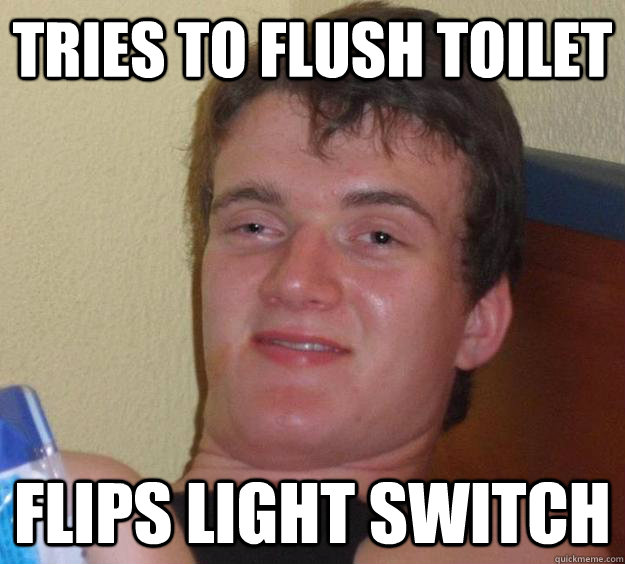 Tries to flush toilet Flips light switch - Tries to flush toilet Flips light switch  10 Guy