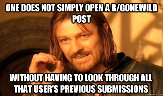 ONE DOES NOT SIMPLY OPEN A R/GONEWILD POST WITHOUT HAVING TO LOOK THROUGH ALL THAT USER'S PREVIOUS SUBMISSIONS  One Does Not Simply