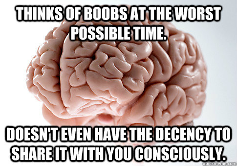 Thinks of boobs at the worst possible time. Doesn't even have the decency to share it with you consciously.  Scumbag Brain